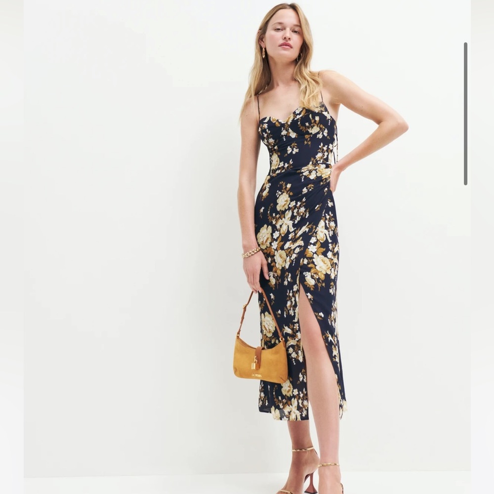 Reformation Navy and Yellow Floral Midi Dress
